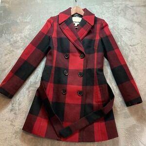 Banana Republic Red Black Buffalo Plaid Italian Wool Blend Belted Peacoat XS